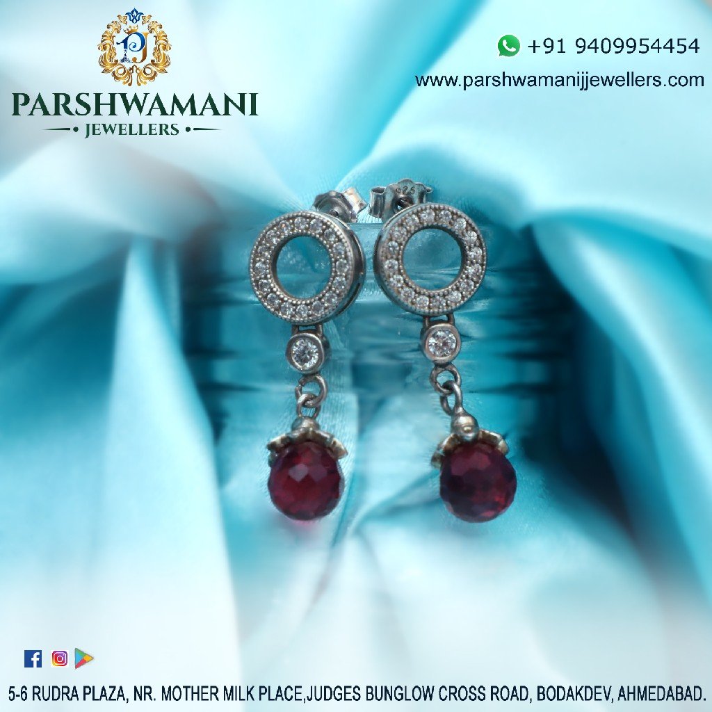 92.5 Sterling Silver Round Shape Ruby Hanging Cz Earrings for Women