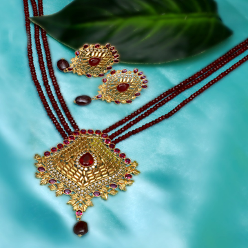 916 Gold Traditional Maroon Stone Necklace Set PJ-...