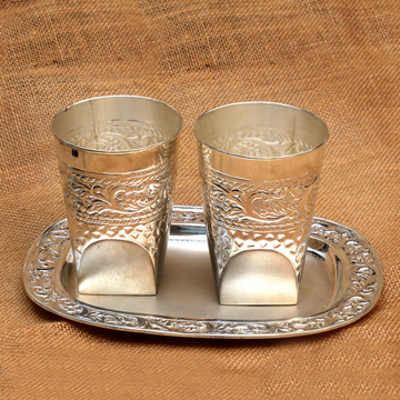 Silver Tray & Glass Set Of 2
