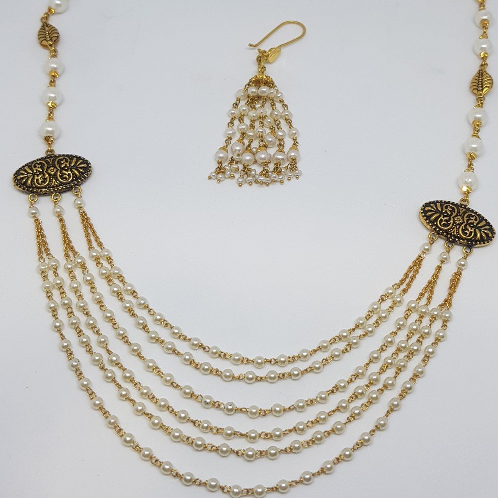 22KT Gold Six Lines Moti Mala With Oxides Pendent And Zumkha