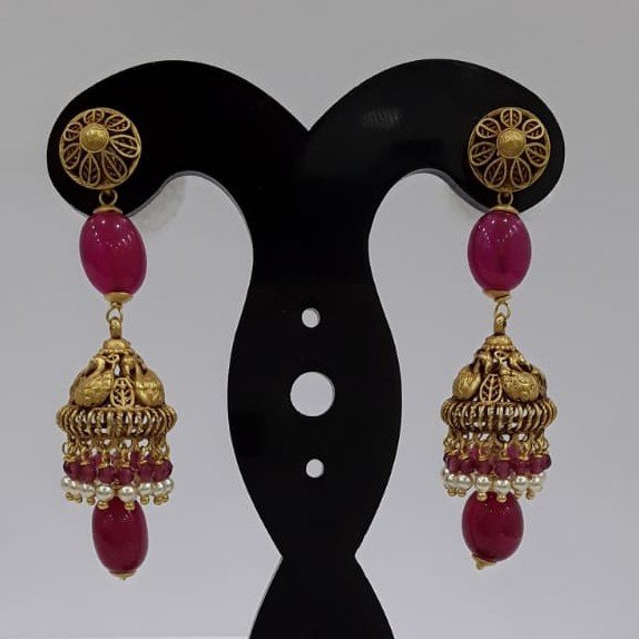 22KT Yellow Gold Hinaya  Red Pearl Earrings For Women
