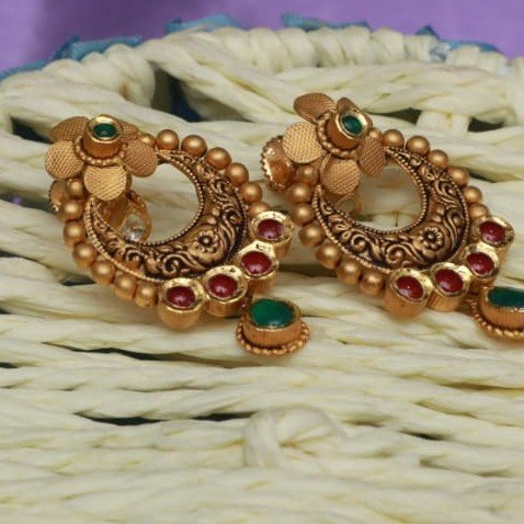 22 Kt Gold Moon Design  kundan Red Green & White light oxidised Antique Earrings For Women