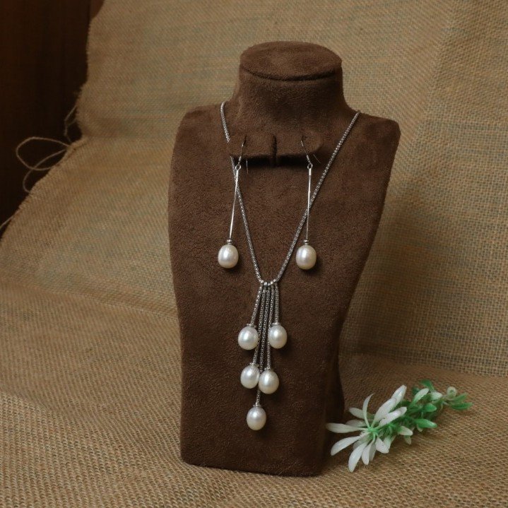 92.5 Sterling Silver Long Pearl Necklace with Pearl Earrings For Women
