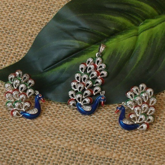 Sterling Silver Dancing Peacock Pendent Set