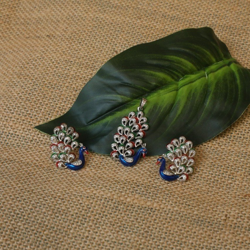 Sterling Silver Dancing Peacock Pendent Set