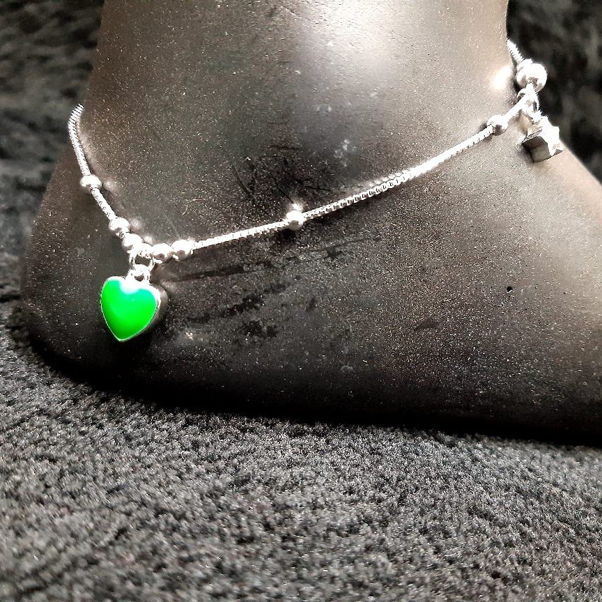 92.5 Sterling Silver Green Heart Charm Anklet For Women