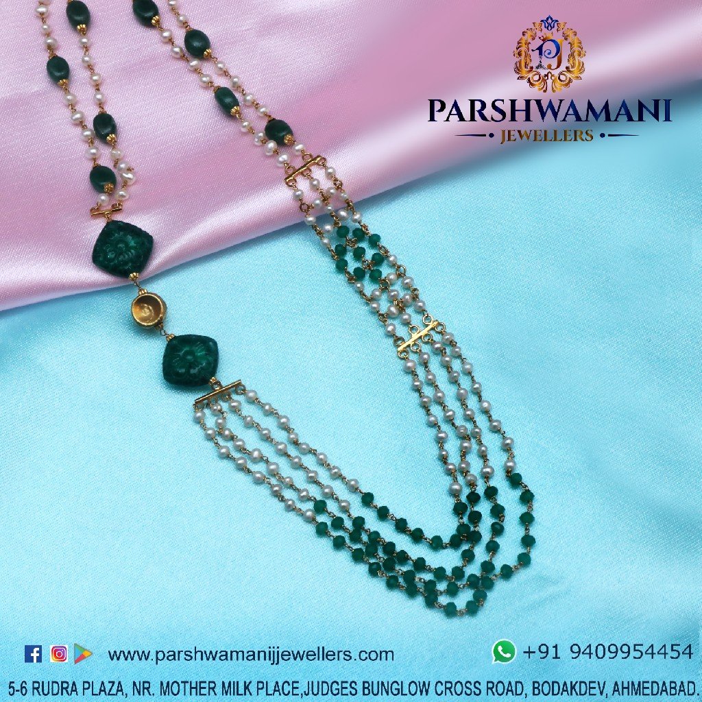 22Kt Gold Green & White Pearl Four Line Mala For Women