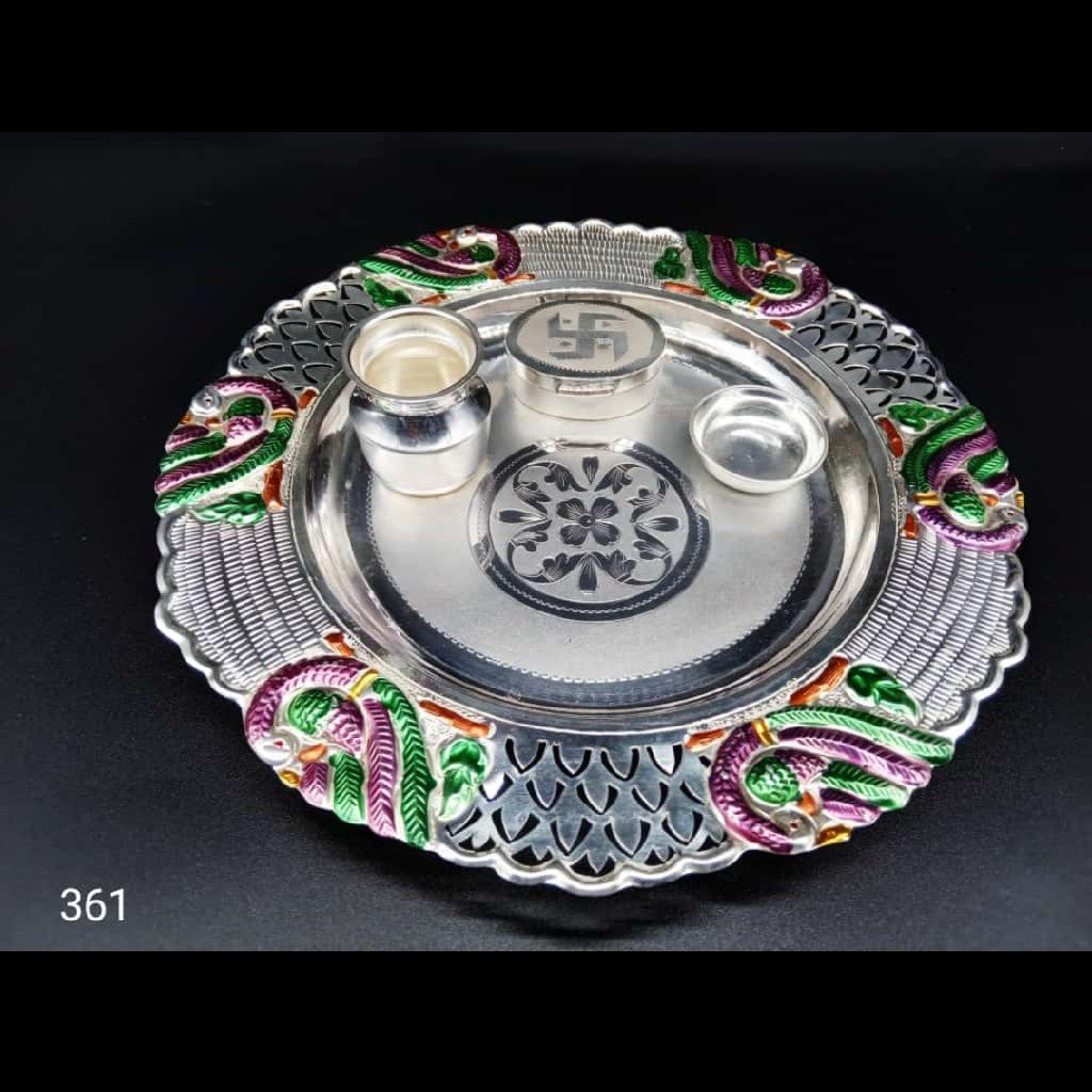 999 Silver Light Oxidised Colour meeno Puja Thali Silver
