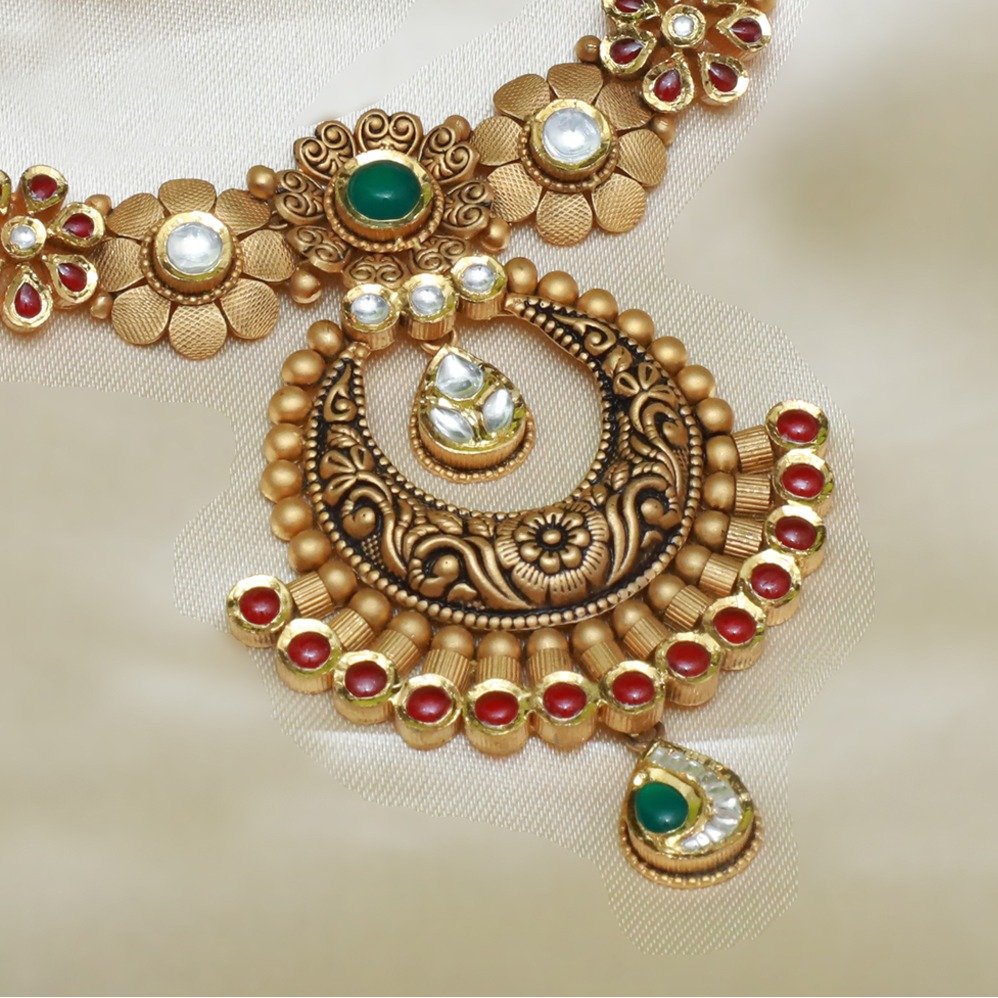 916 Gold Antique Jadtar Necklace Set For Wedding PJ-N006
